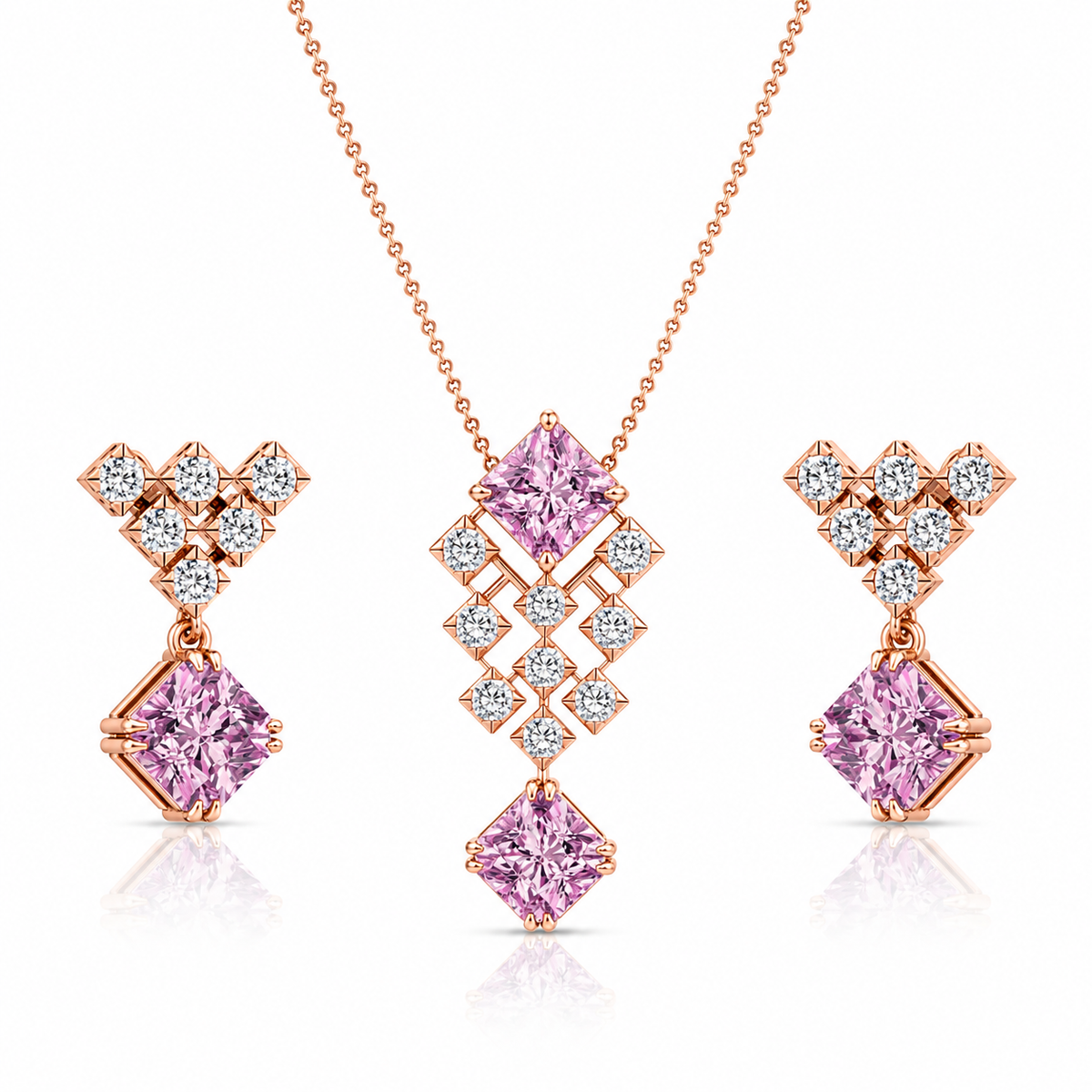 Rose gold necklace and earrings with pink gemstones on a white background