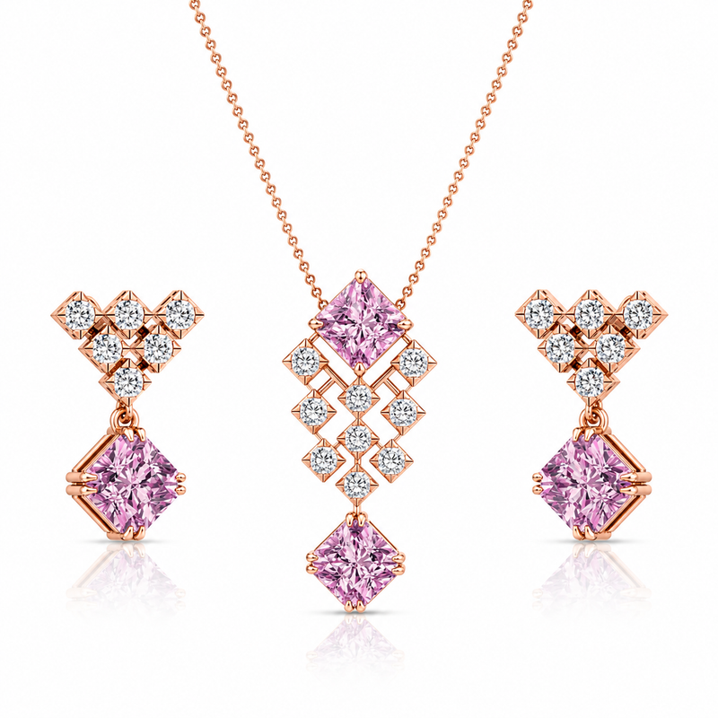 Rose Gold Pink Princess Diamond Pendant Set