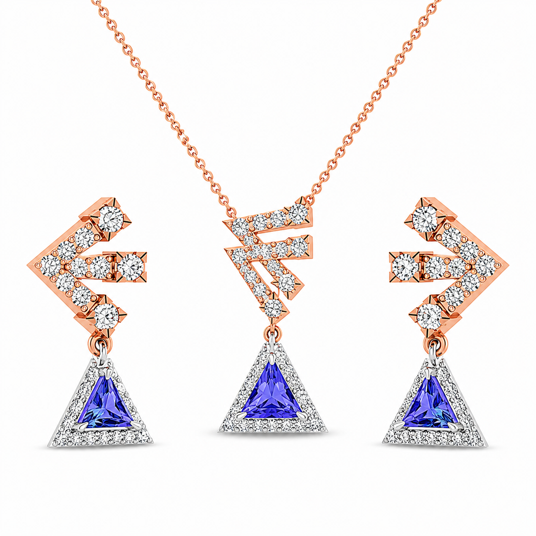 Rose gold jewelry set with triangle-shaped blue gemstones on a white background