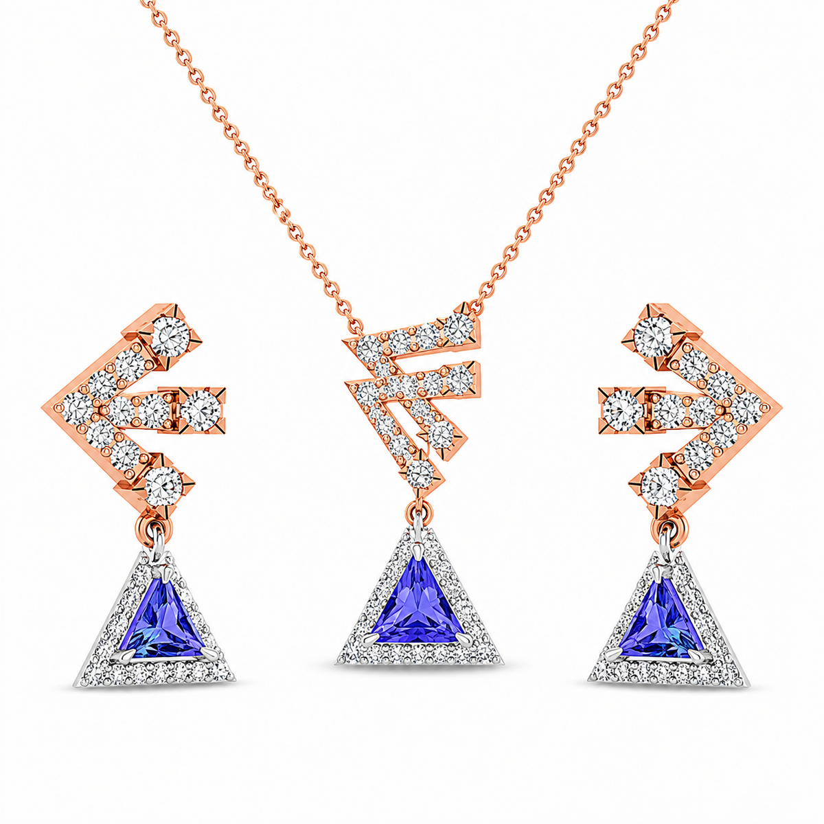 Rose gold jewelry set with triangle shaped blue gemstones on a white background