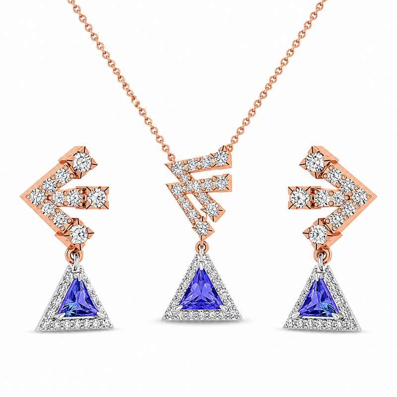 Rose Gold Sapphire Triangle Pendant Set