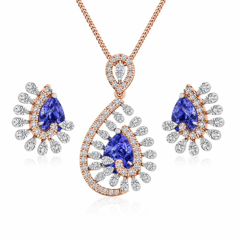Royal Blue Sapphire Rose Gold Pendant Set
