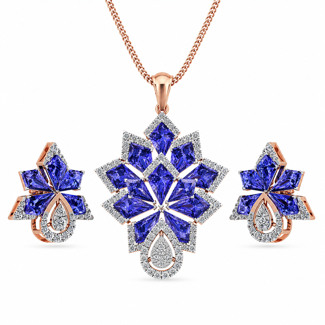 Jewelry set with blue gemstones and rose gold accents on a white background