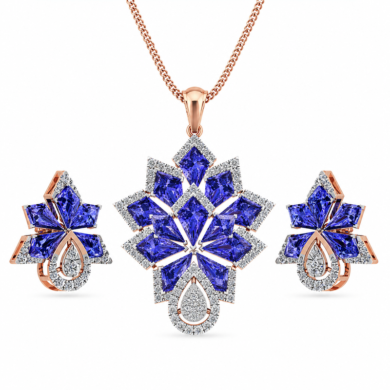 Royal Blue Floral Diamond Pendant Set