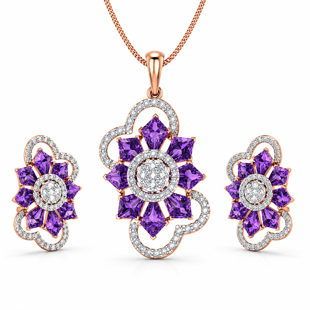 Jewelry set with purple floral design on a white background