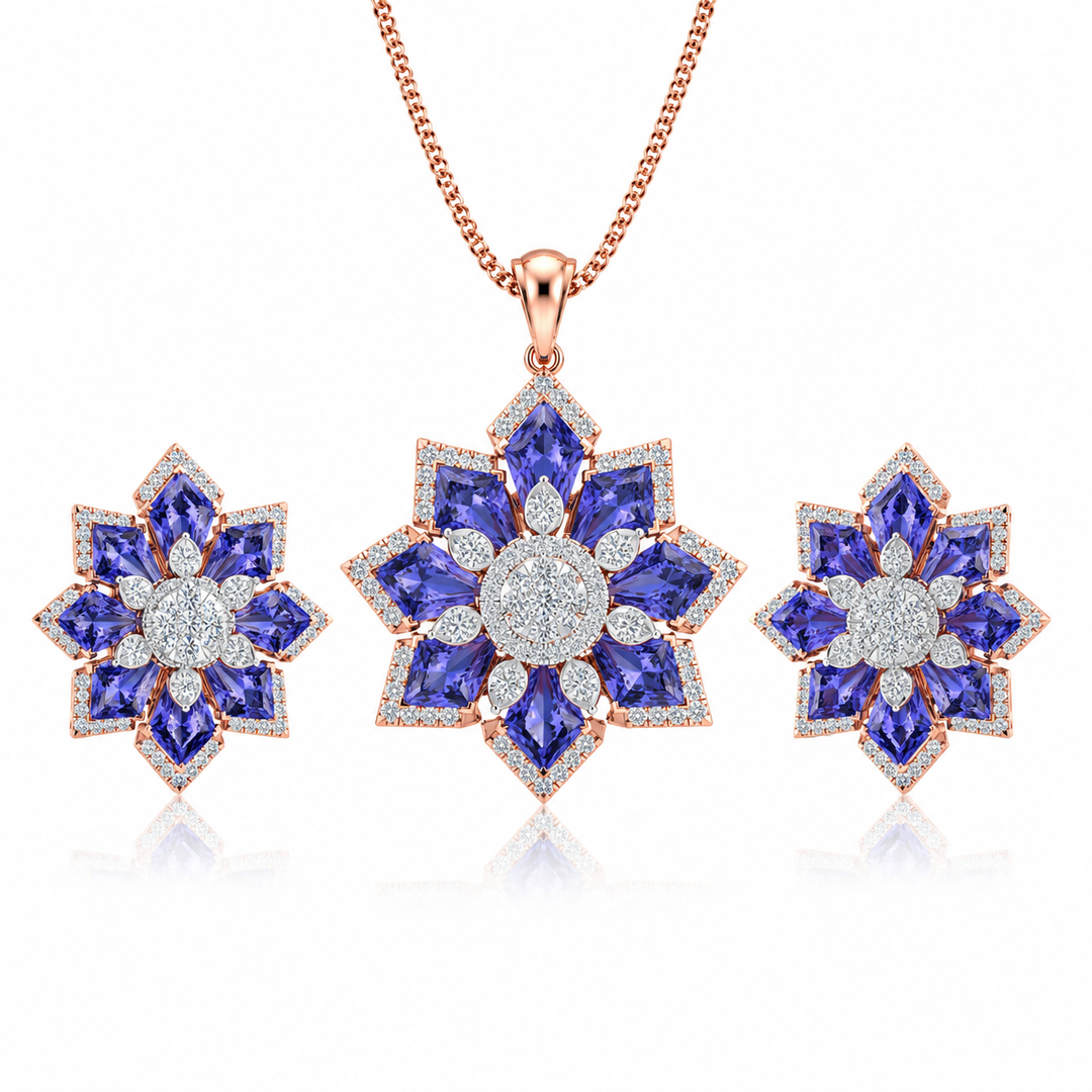 Jewelry set with flower-shaped pendant and earrings featuring blue gemstones and rose gold accents on a white background.