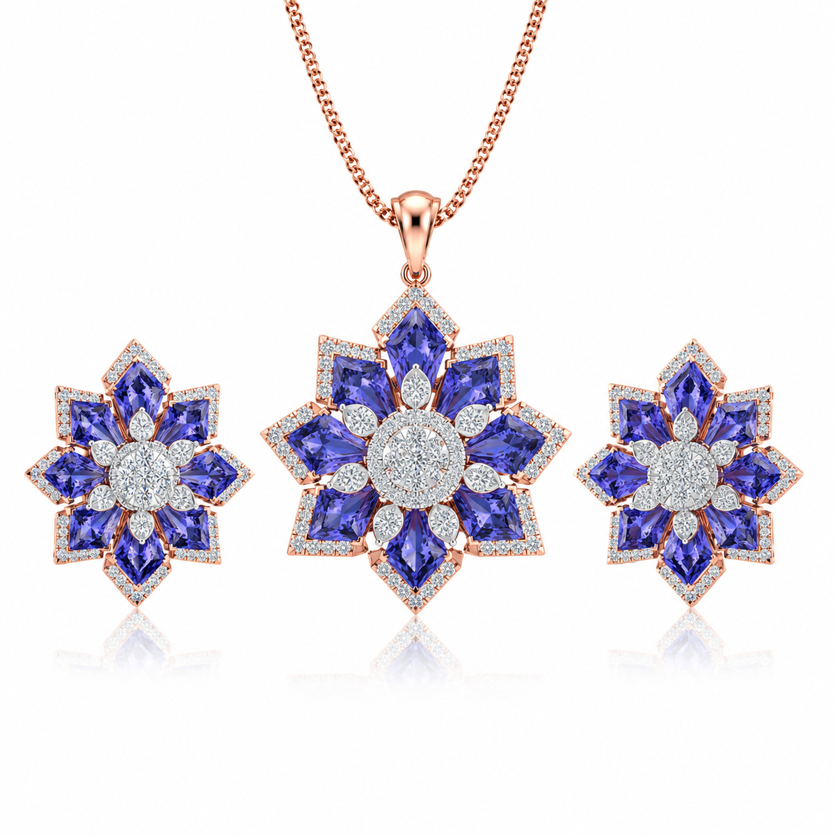 Jewelry set with flower shaped pendant and earrings featuring blue gemstones and rose gold accents on a white background