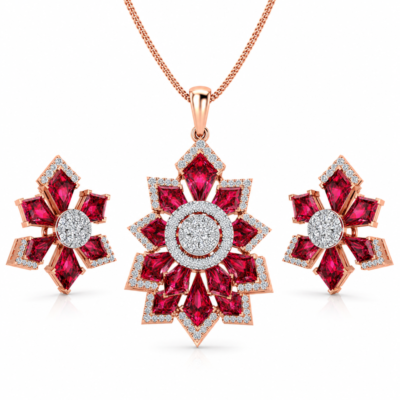 Ruby Red Floral Star Pendant Set