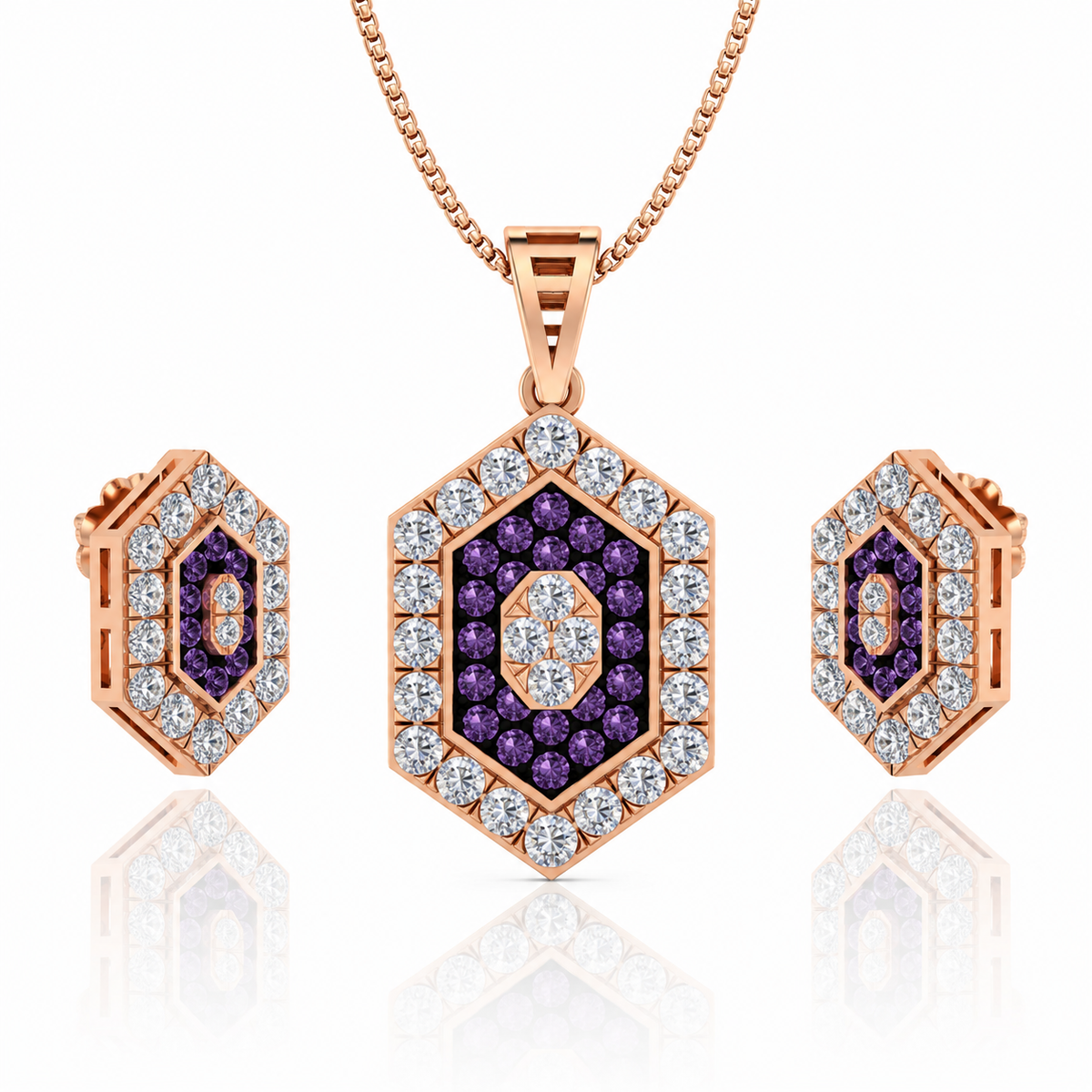 Jewelry set with hexagonal pendant and earrings featuring purple and clear stones on a white background