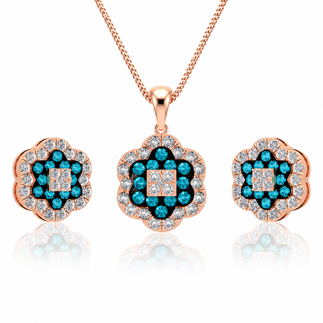 Jewelry set with rose gold pendant and earrings featuring blue gemstones on a white background