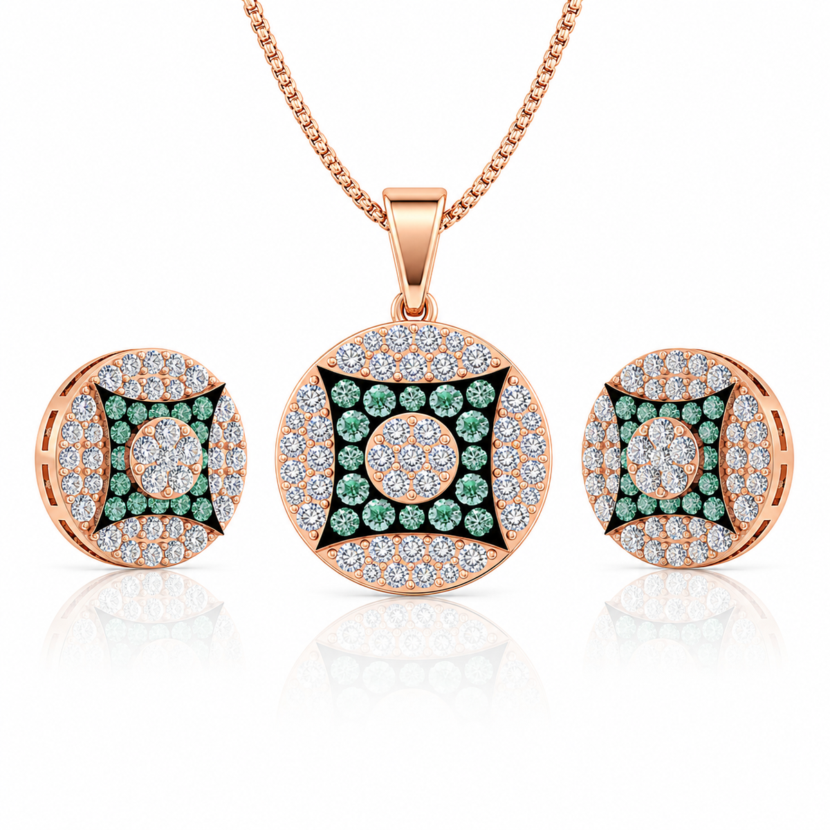 Jewelry set with rose gold pendant and earrings on a white background
