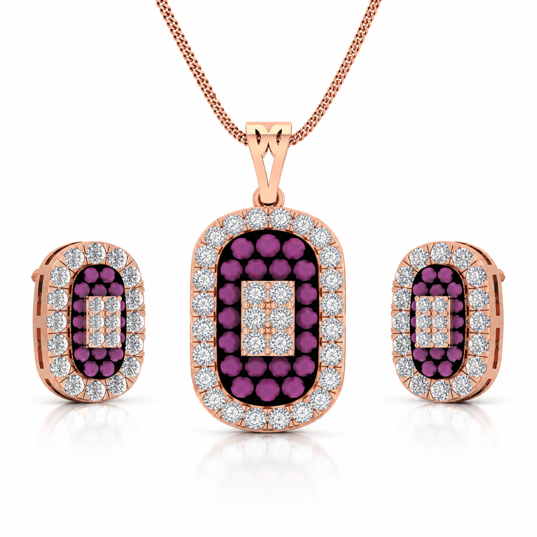 Jewelry set with pendant and earrings featuring purple gemstones and rose gold accents on a white background.