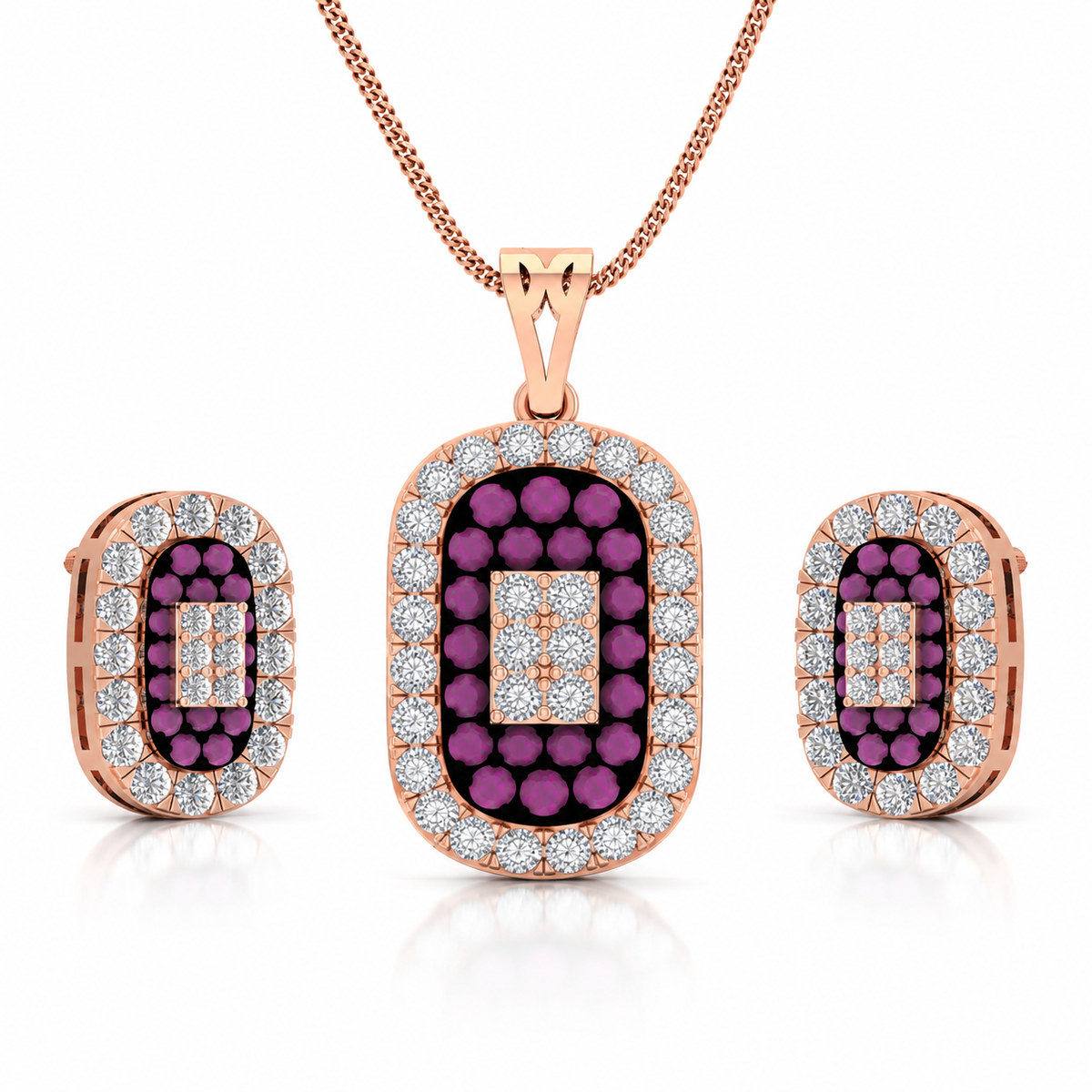 Jewelry set with pendant and earrings featuring purple gemstones and rose gold accents on a white background
