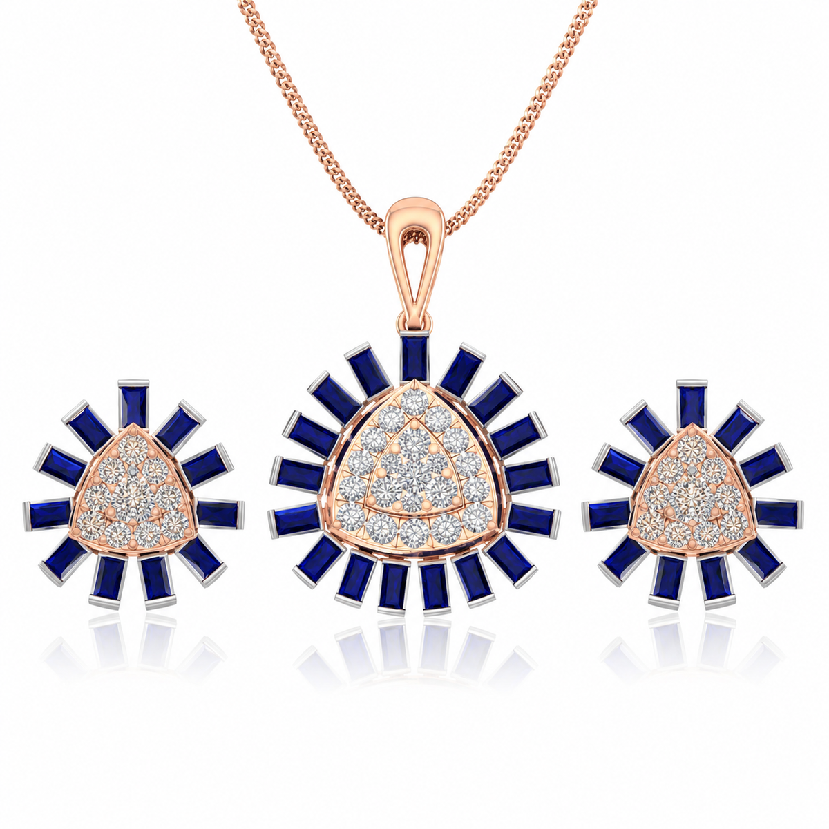 Jewelry set with pendant and earrings featuring blue and rose gold design on a white background