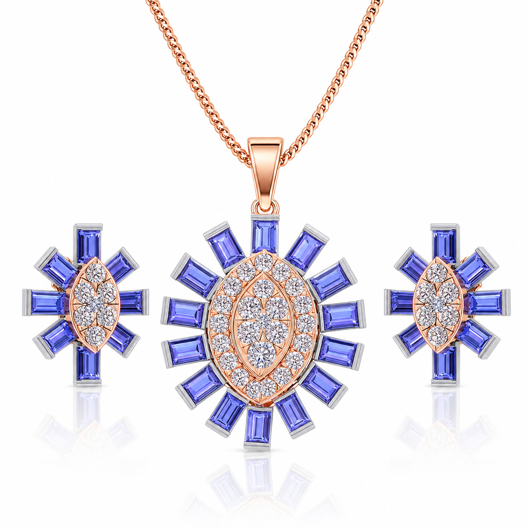 Jewelry set with blue gemstones and rose gold accents on a white background