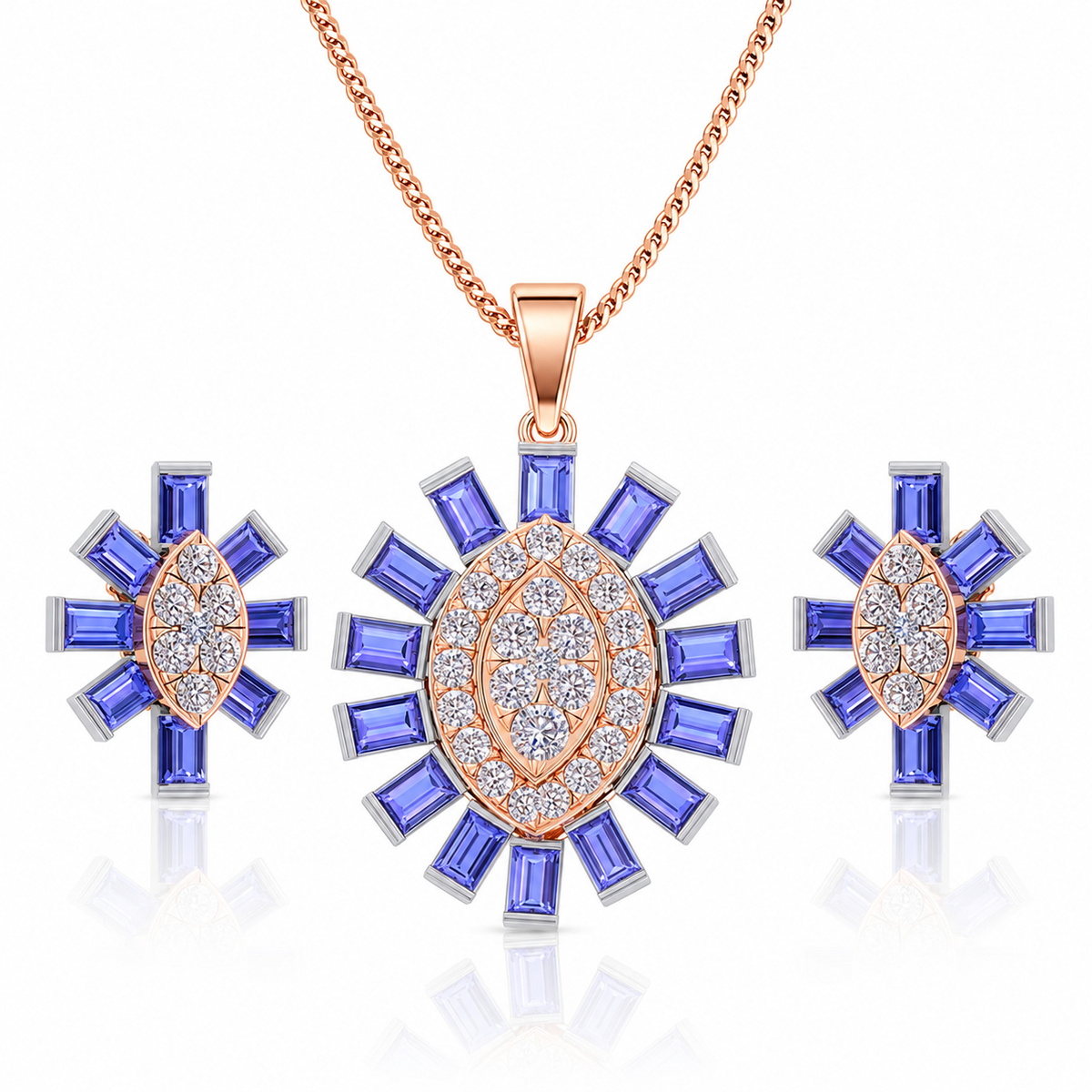 Jewelry set with blue gemstones and rose gold accents on a white background