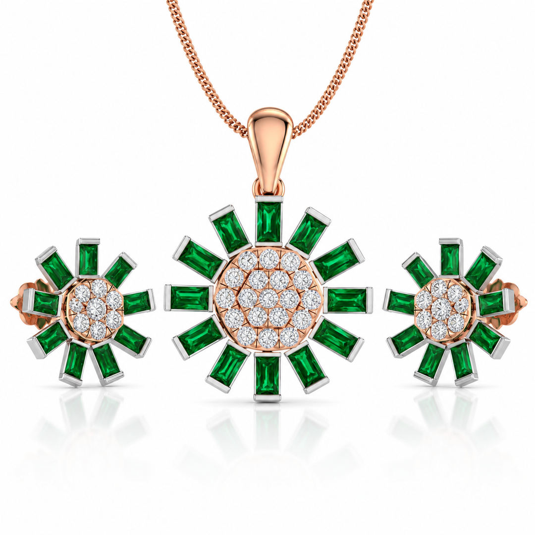 Rose gold necklace with green gemstone and diamond pendant on a white background