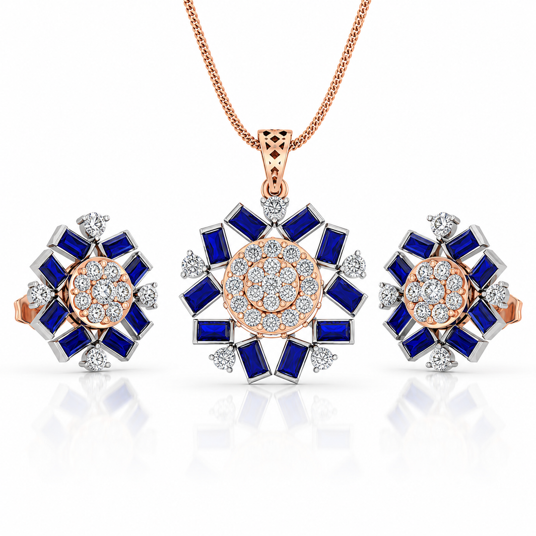 Jewelry set with pendant and earrings featuring blue stones and rose gold accents on a white background