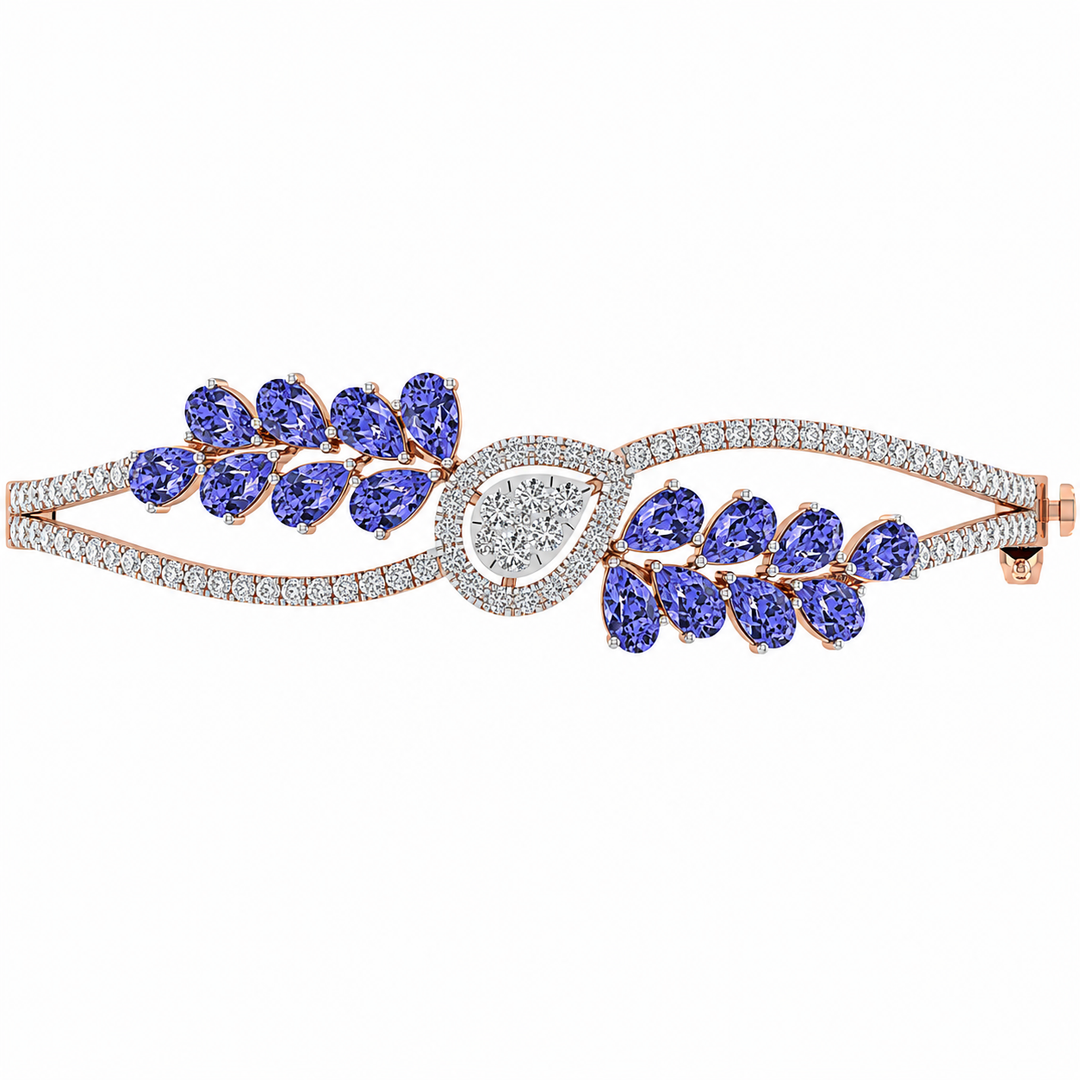Elegant bracelet with purple gemstones and rose gold accents on a white background