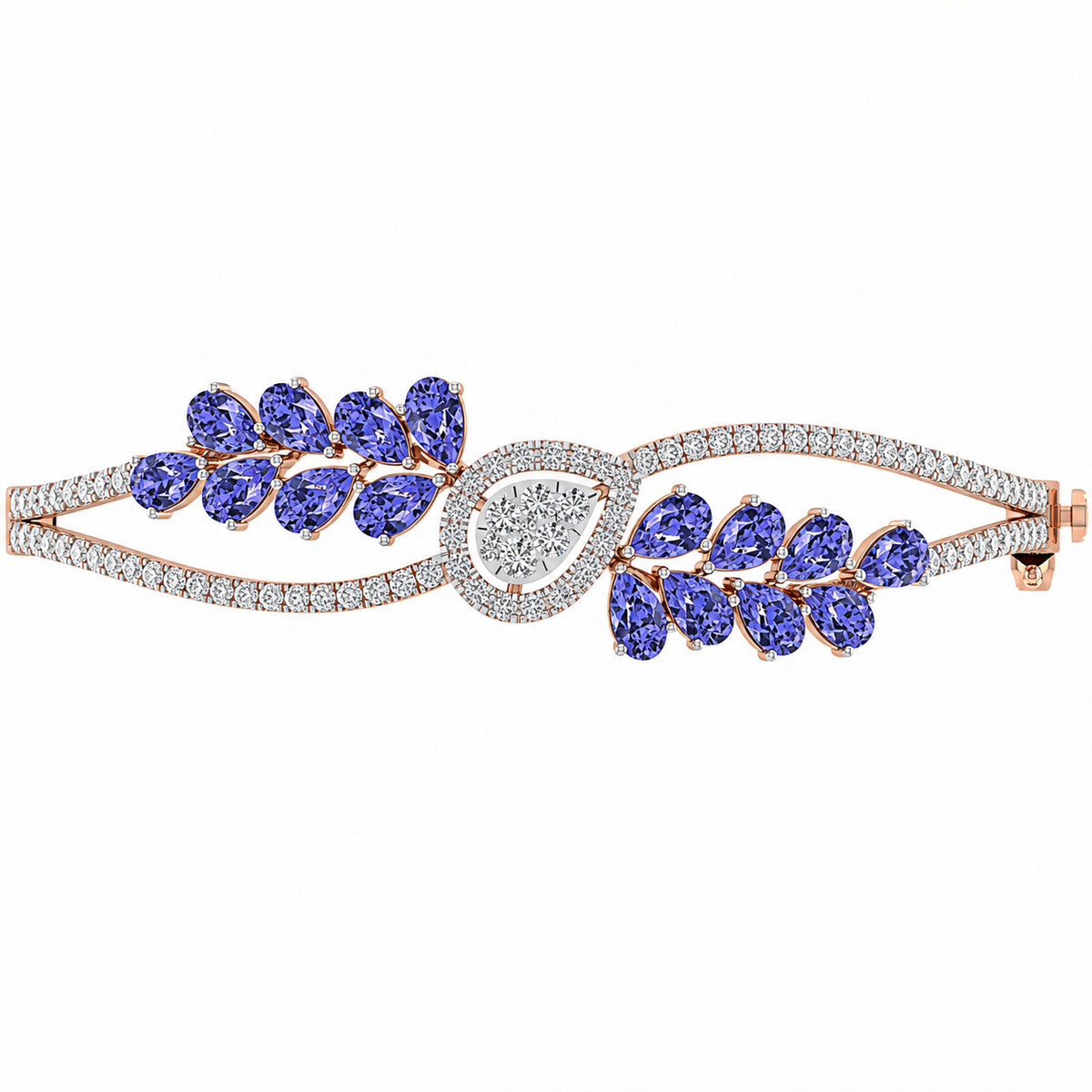 Elegant bracelet with purple gemstones and rose gold accents on a white background