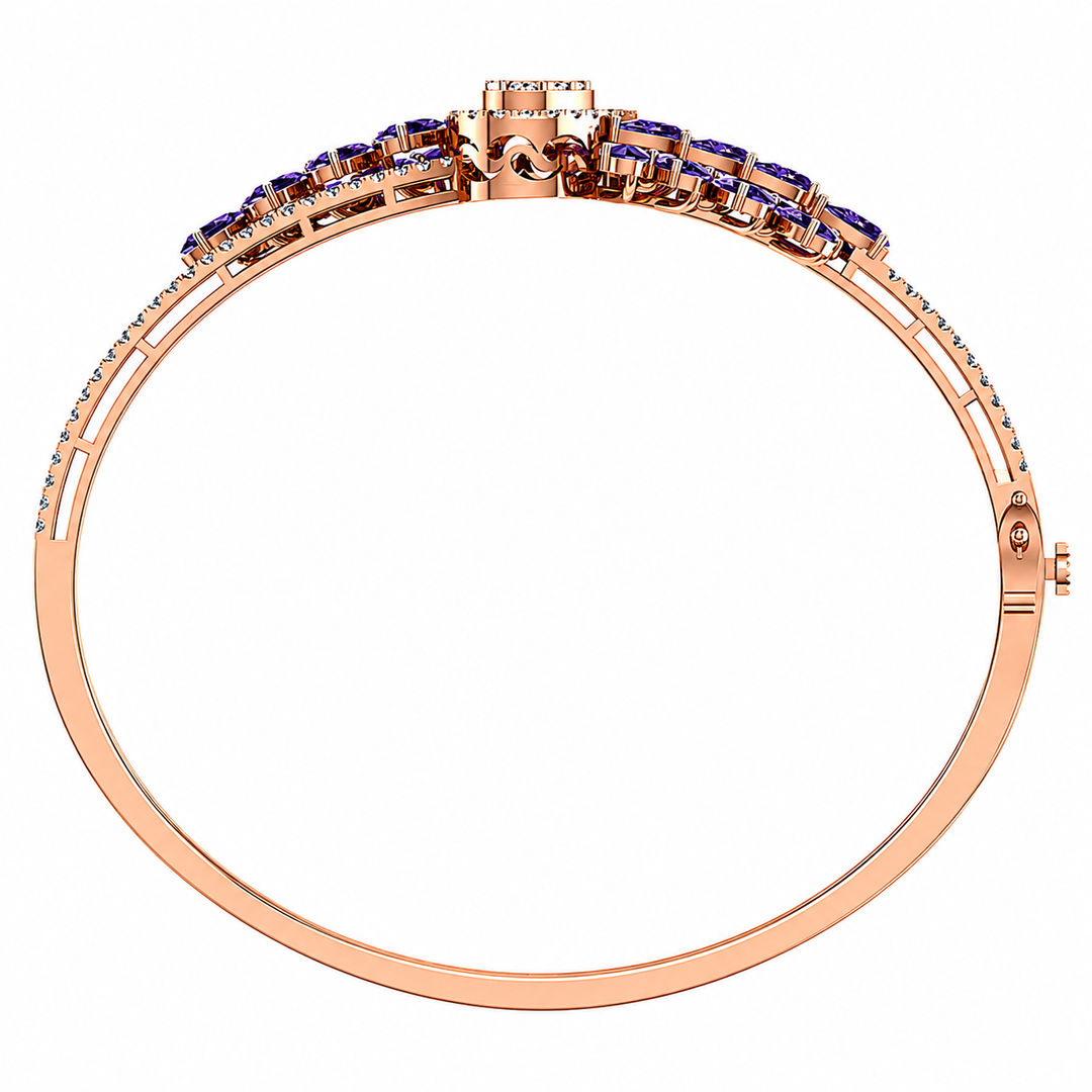Rose gold bracelet with blue gemstones on a white background