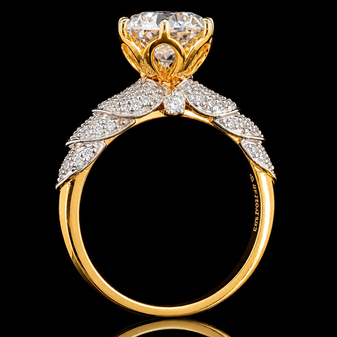 A yellow gold ring with a large round-cut diamond center stone and intricate diamond-set wing motifs on the band, shown against a solid black background.