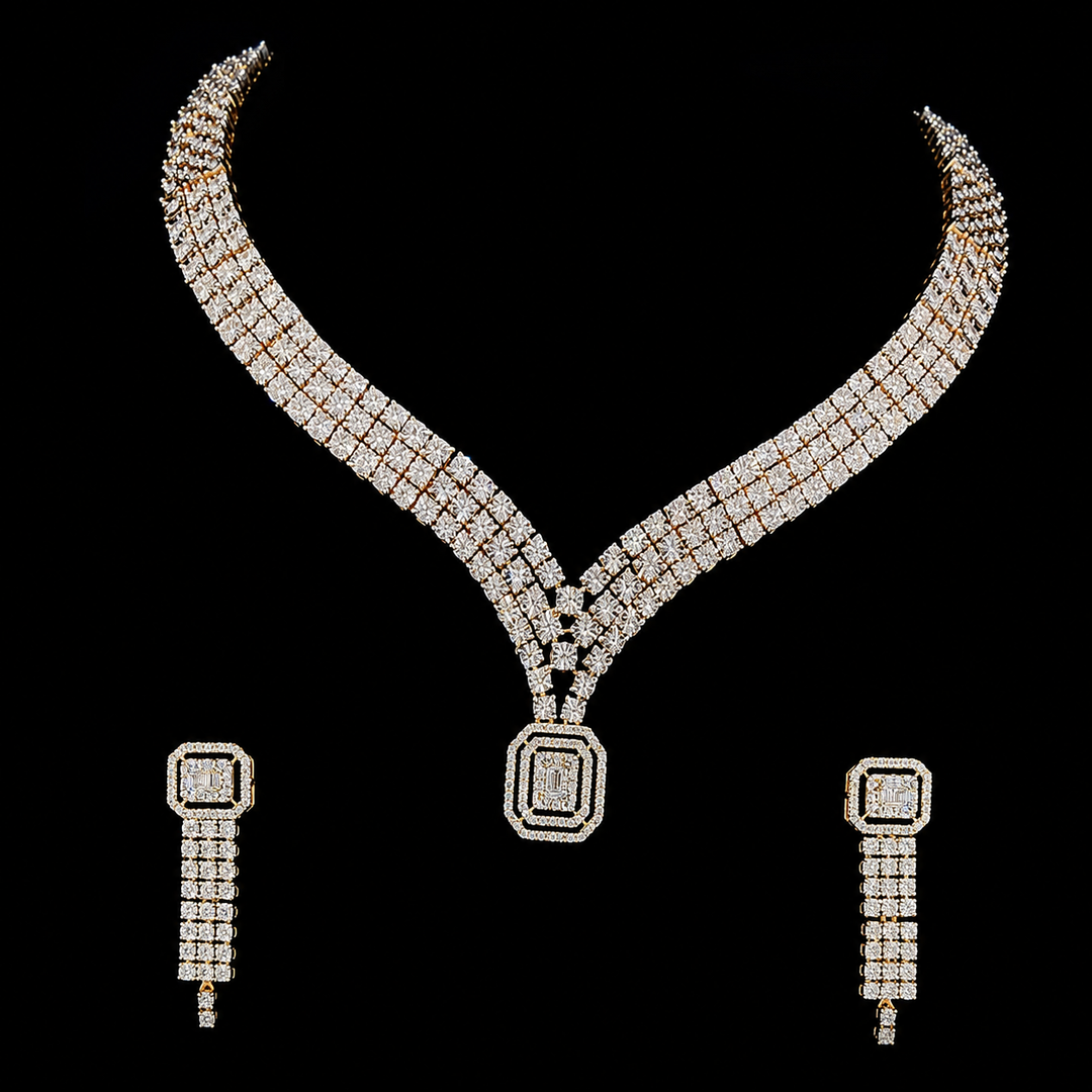 A luxury jewelry set featuring a multi-row diamond necklace with a rectangular pendant and matching drop earrings, displayed on a solid black background.