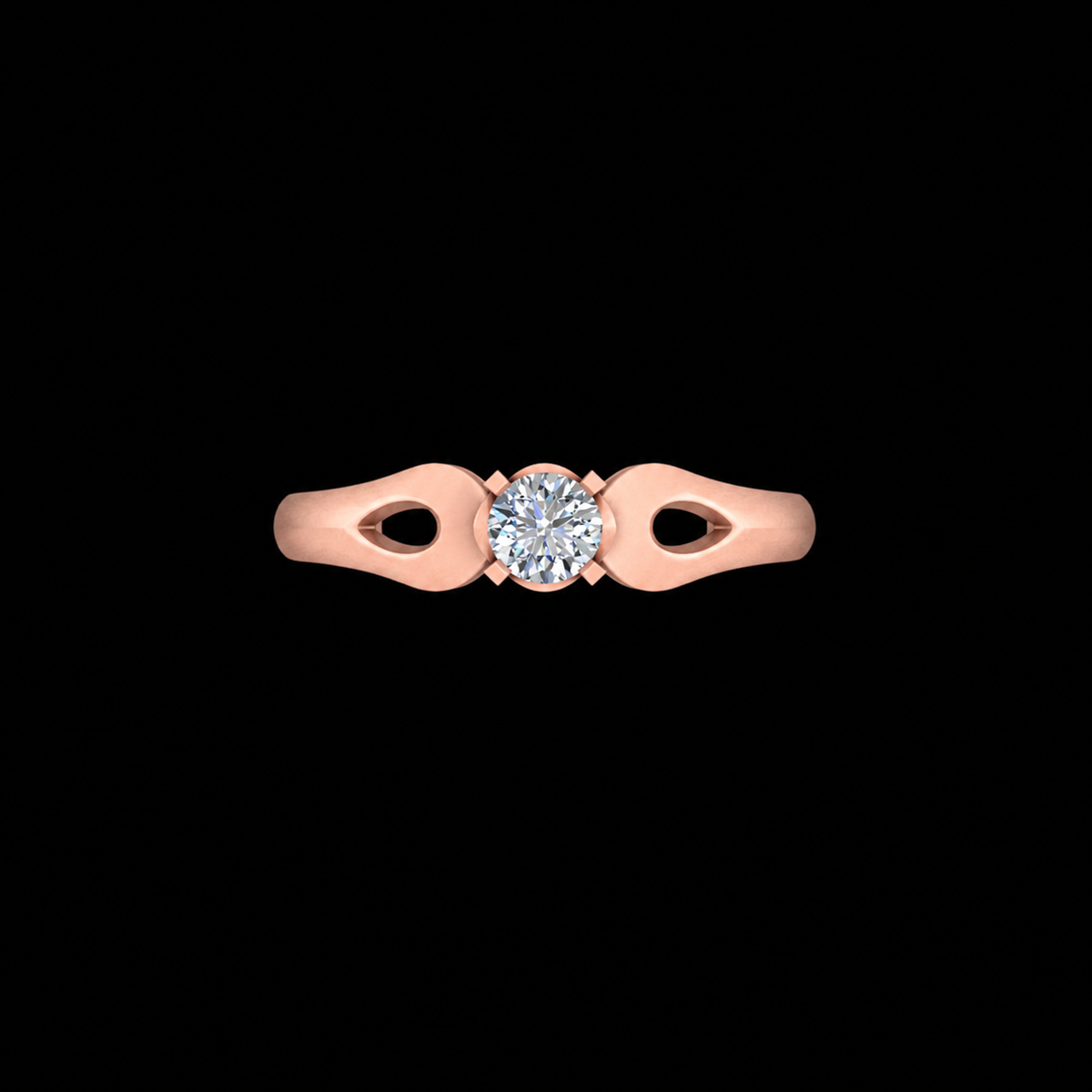 Rose gold ring with a diamond on a black background