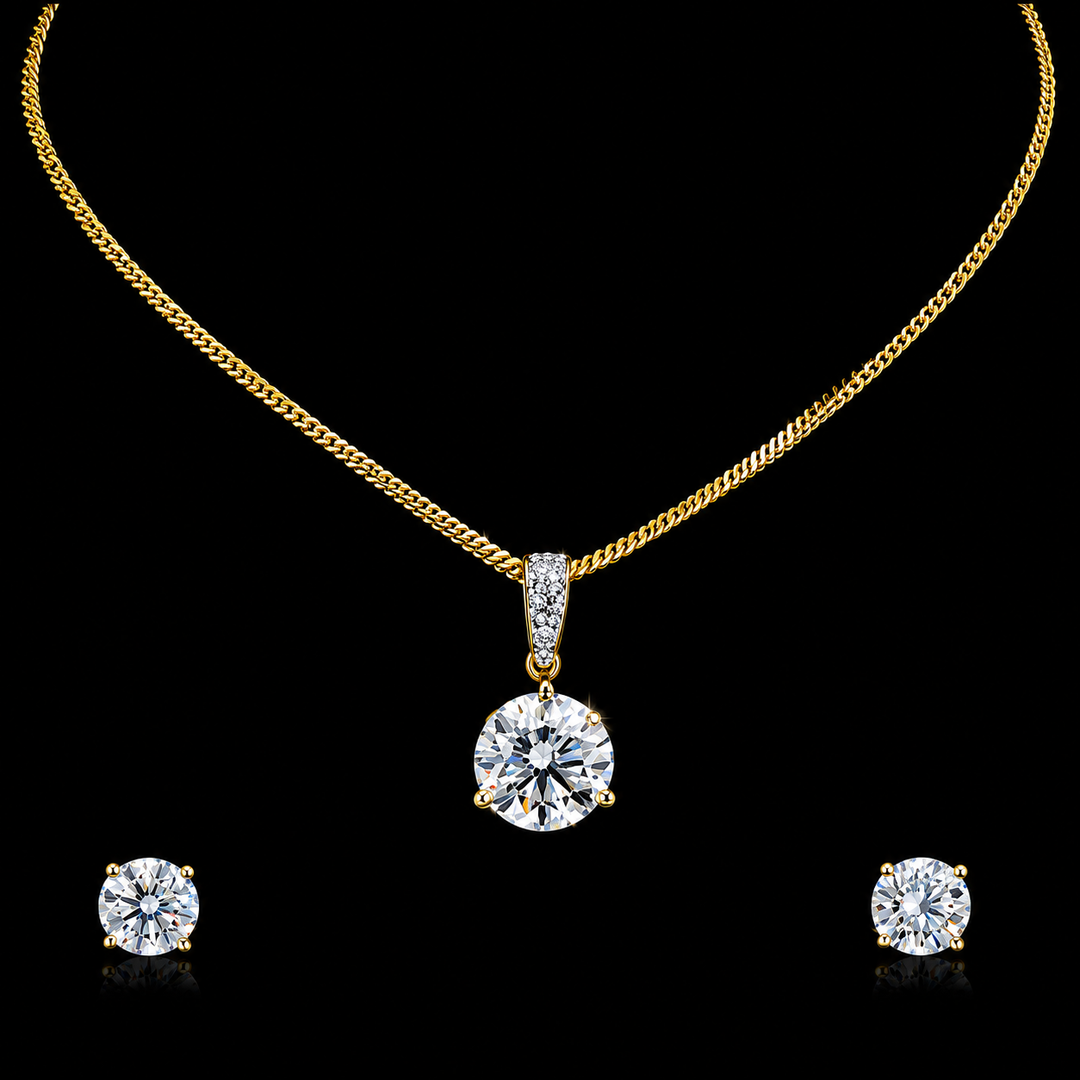 Gold necklace and matching stud earrings set with round clear gemstones, displayed on a solid black background.