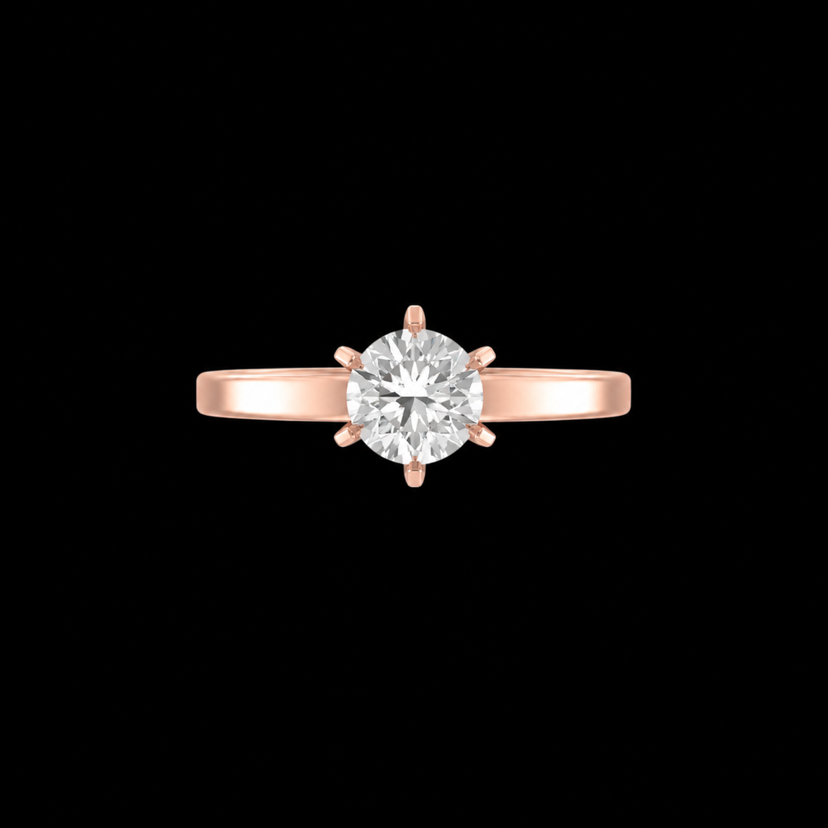 Rose gold ring with a diamond on a black background