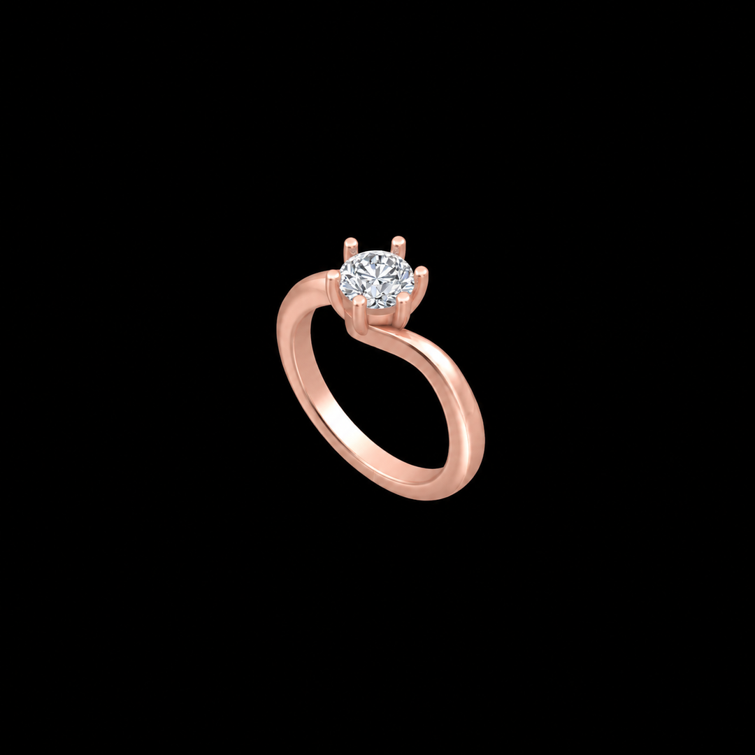 Rose gold ring with a diamond on a black background