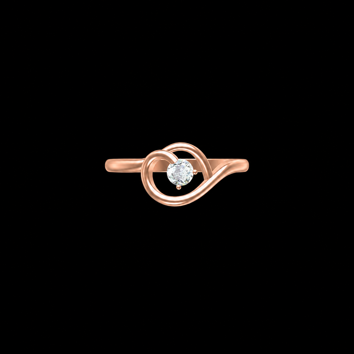 Rose gold ring with a diamond on a black background