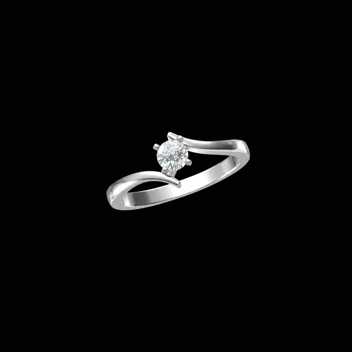 Silver ring with a diamond on a black background