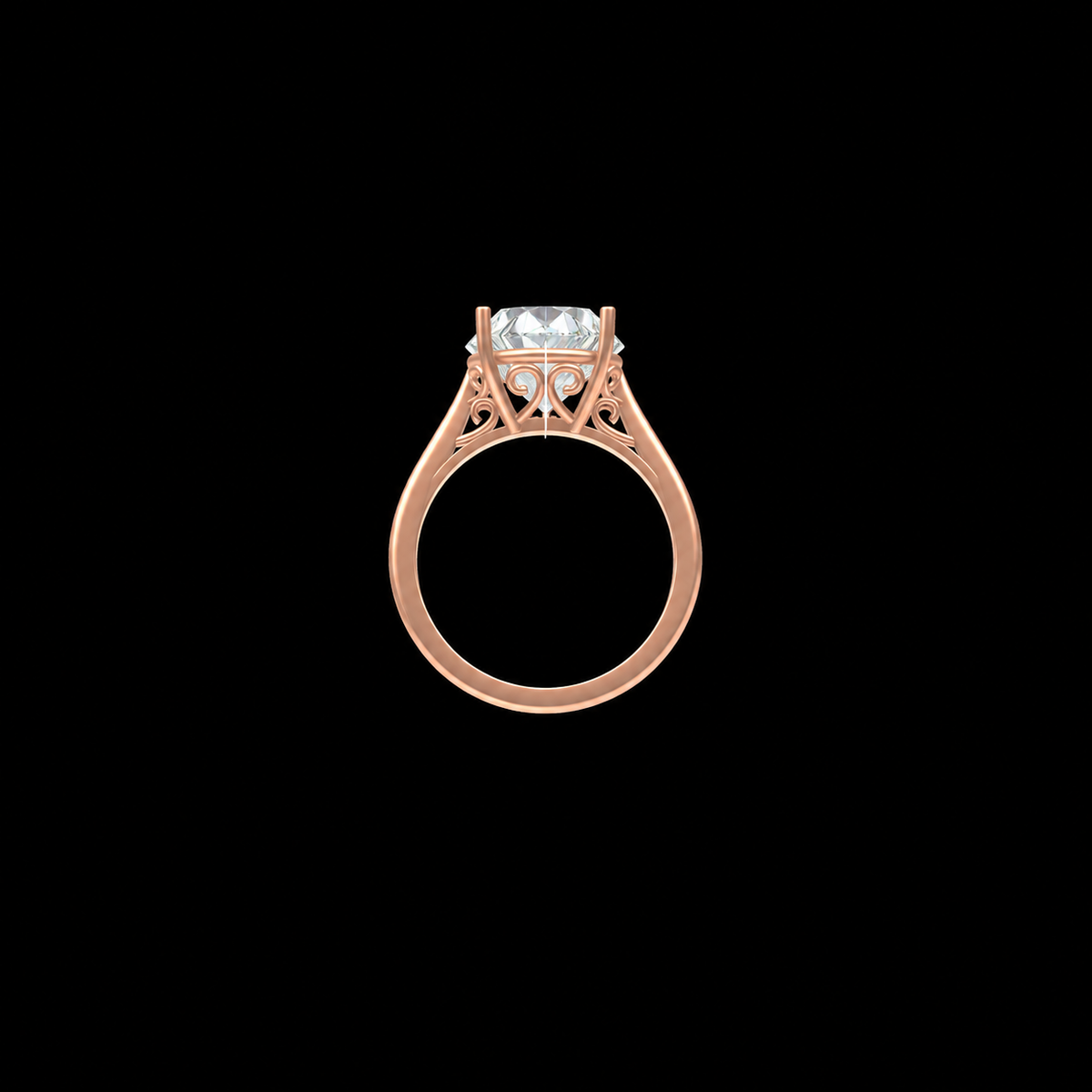 Rose gold ring with a diamond on a black background