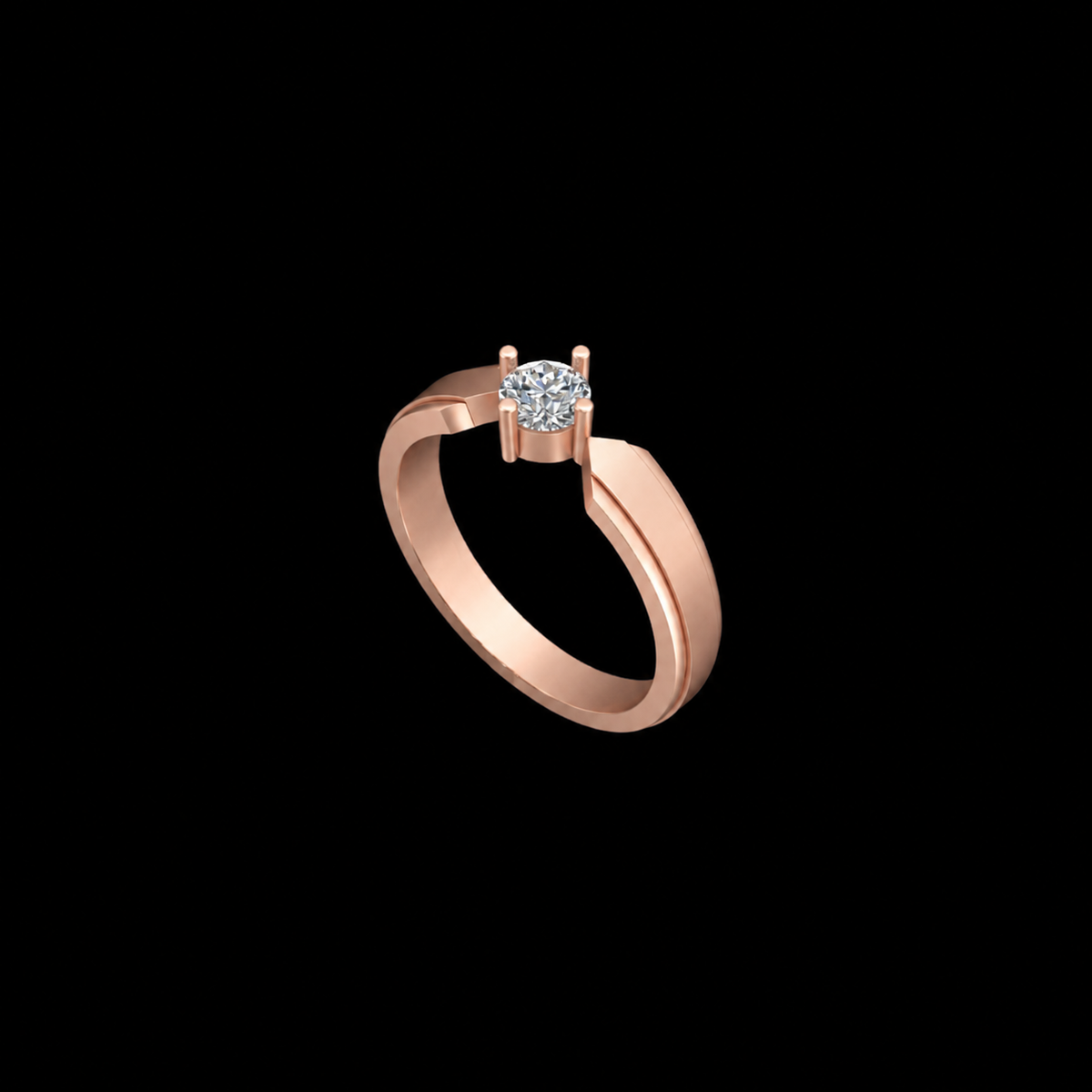 Rose gold ring with a diamond on a black background