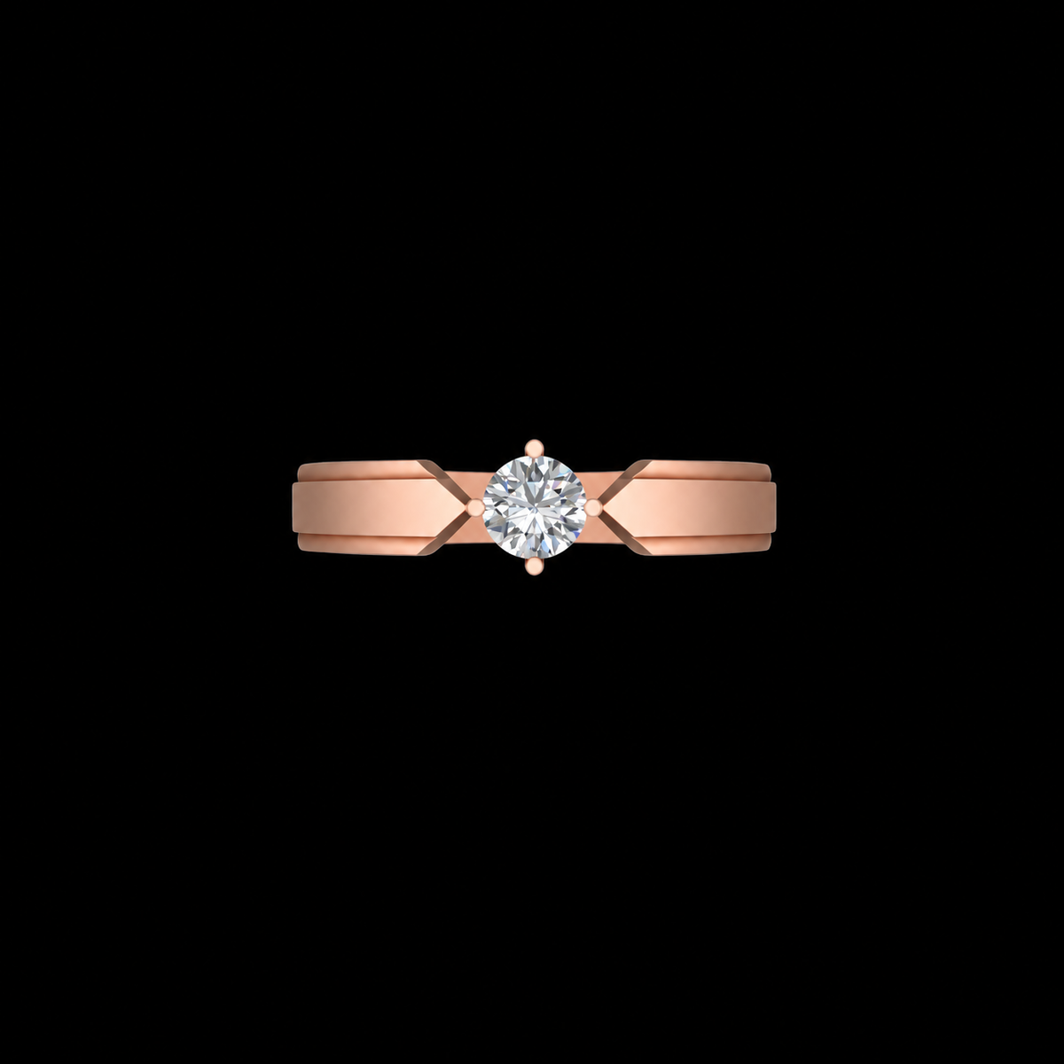 Rose gold ring with a diamond on a black background
