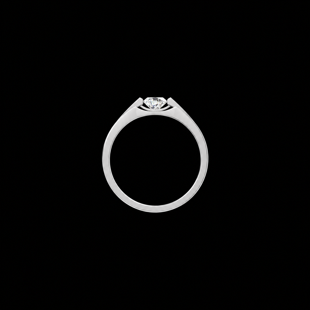 Silver ring with a diamond on a black background