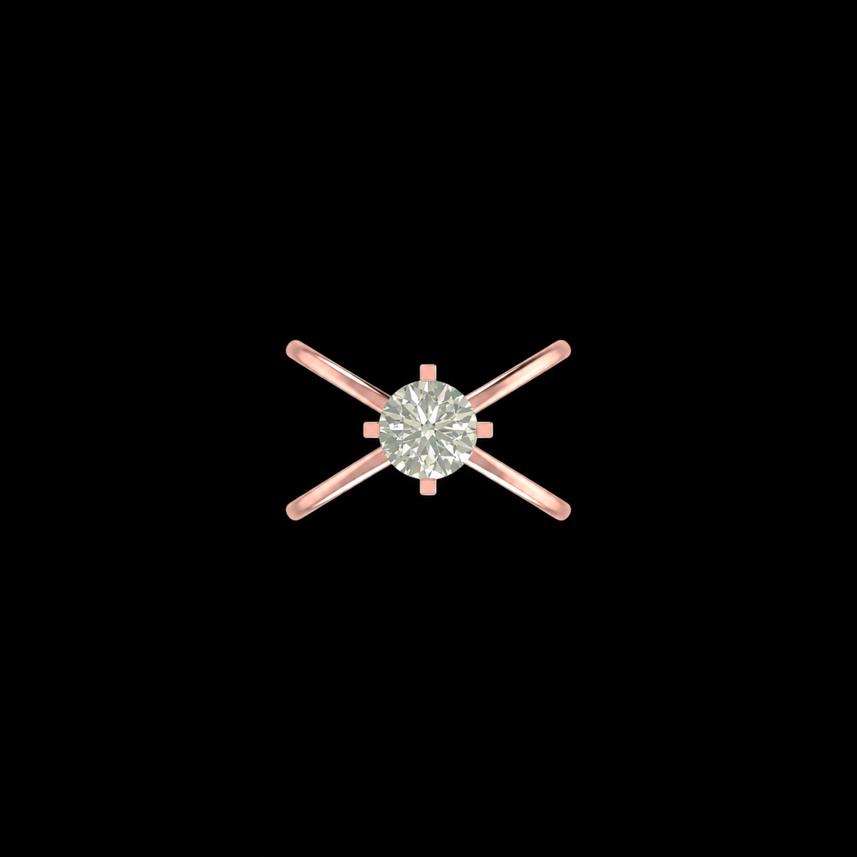 Diamond earring with four rose gold prongs on a black background