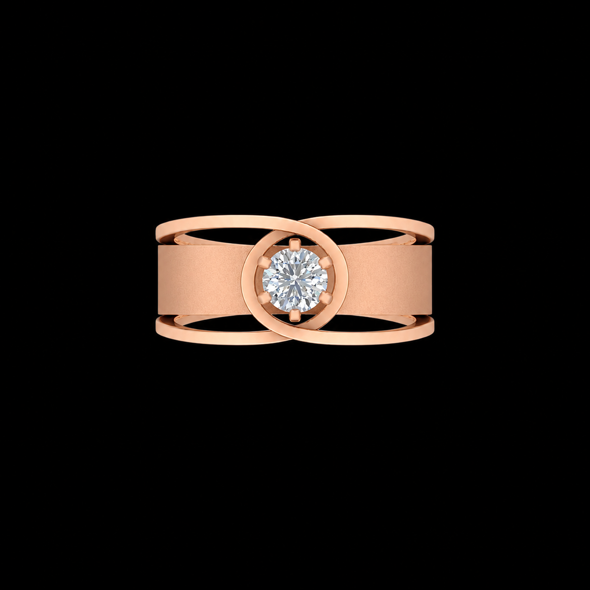 Rose gold ring with a diamond on a black background