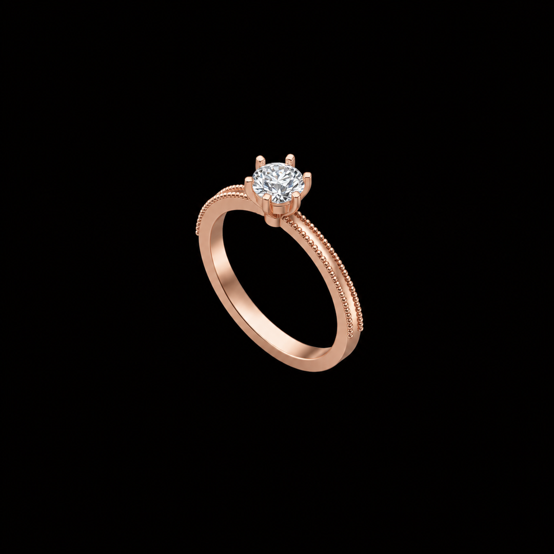 Rose gold ring with a diamond on a black background