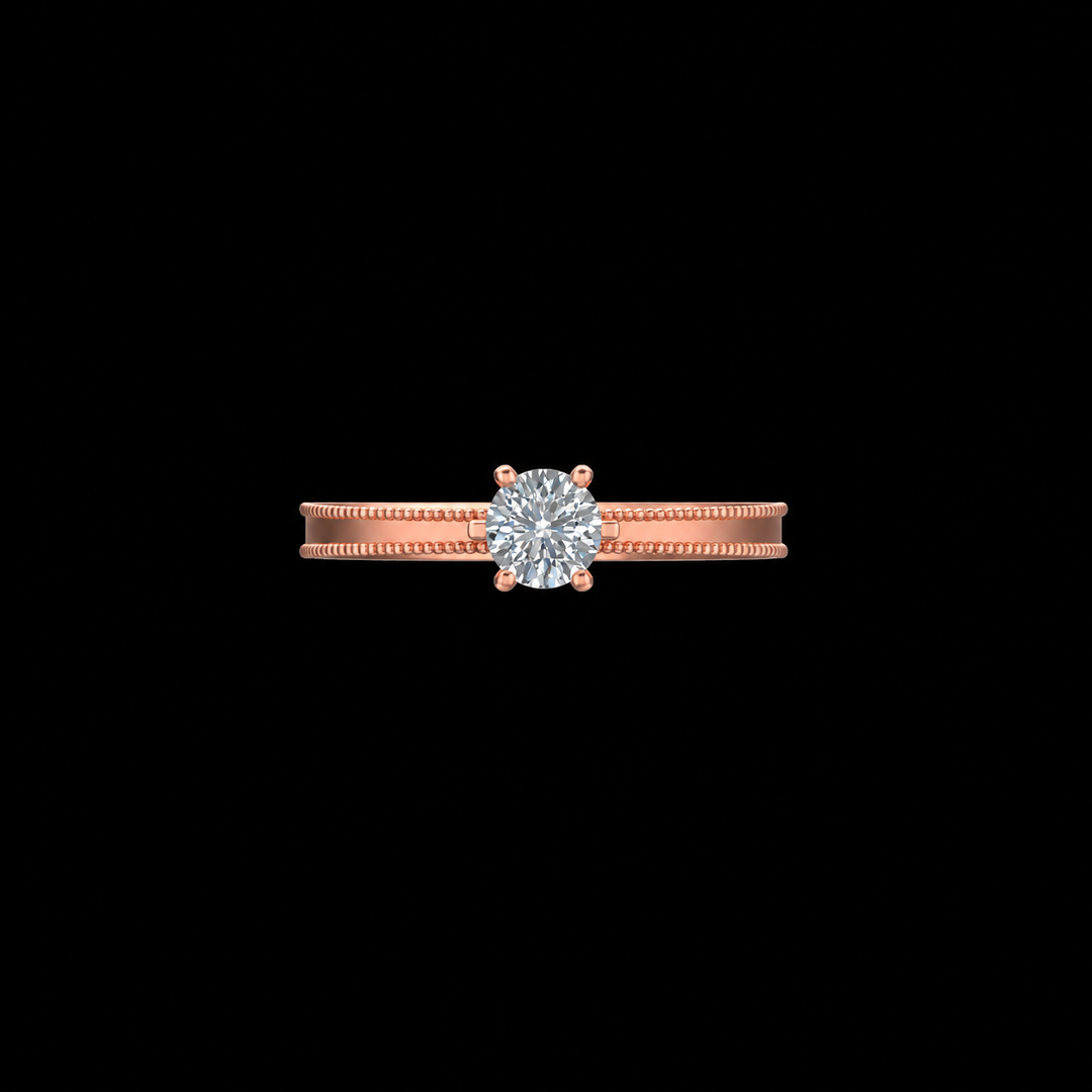 Rose gold ring with a diamond on a black background