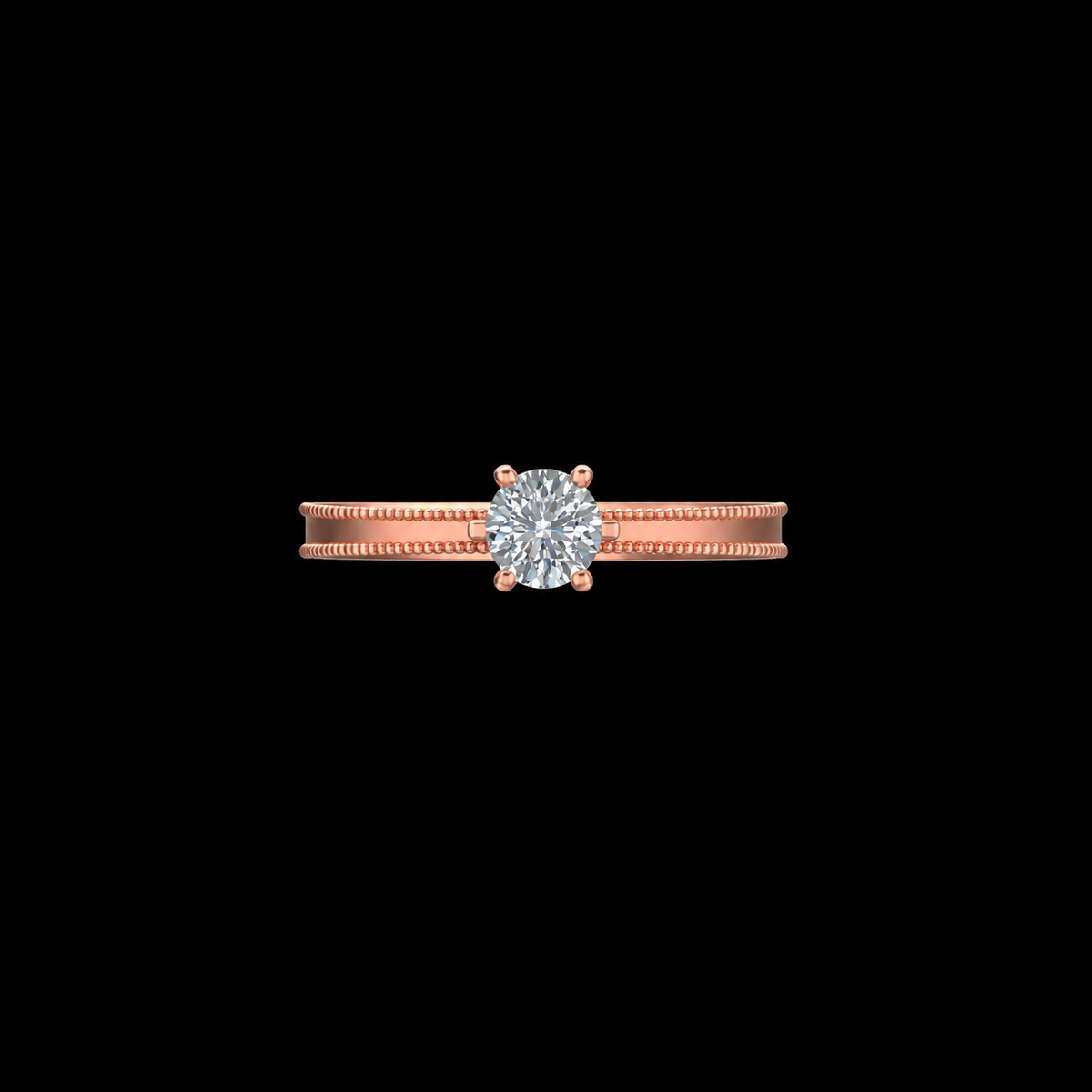 Rose gold ring with a diamond on a black background