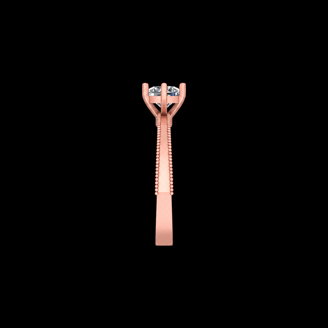 Rose gold ring with a diamond on a black background