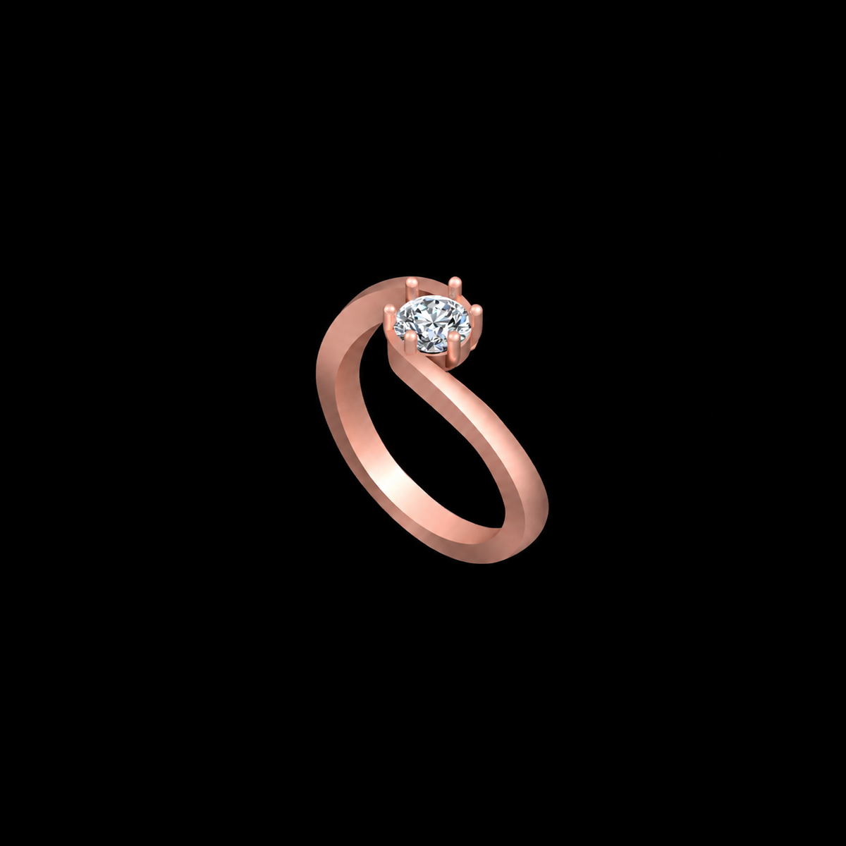 Rose gold ring with a diamond on a black background