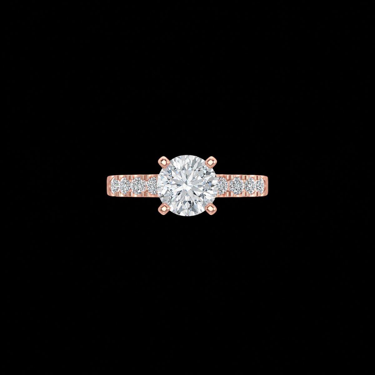 Rose gold ring with a diamond on a black background