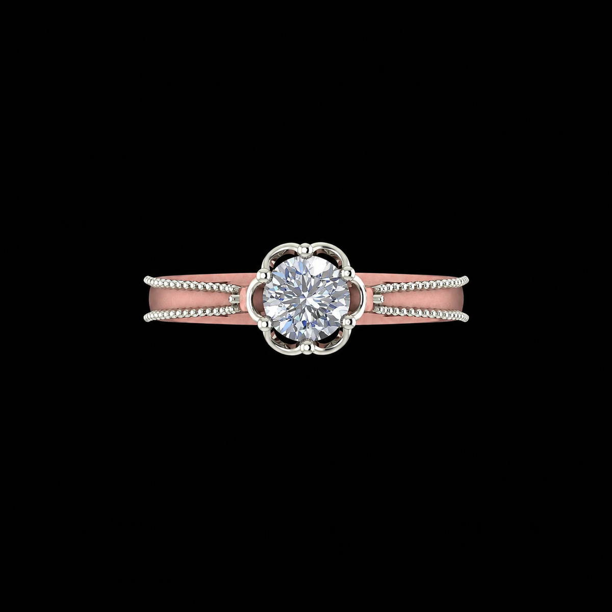 Rose gold and silver ring with a diamond on a black background