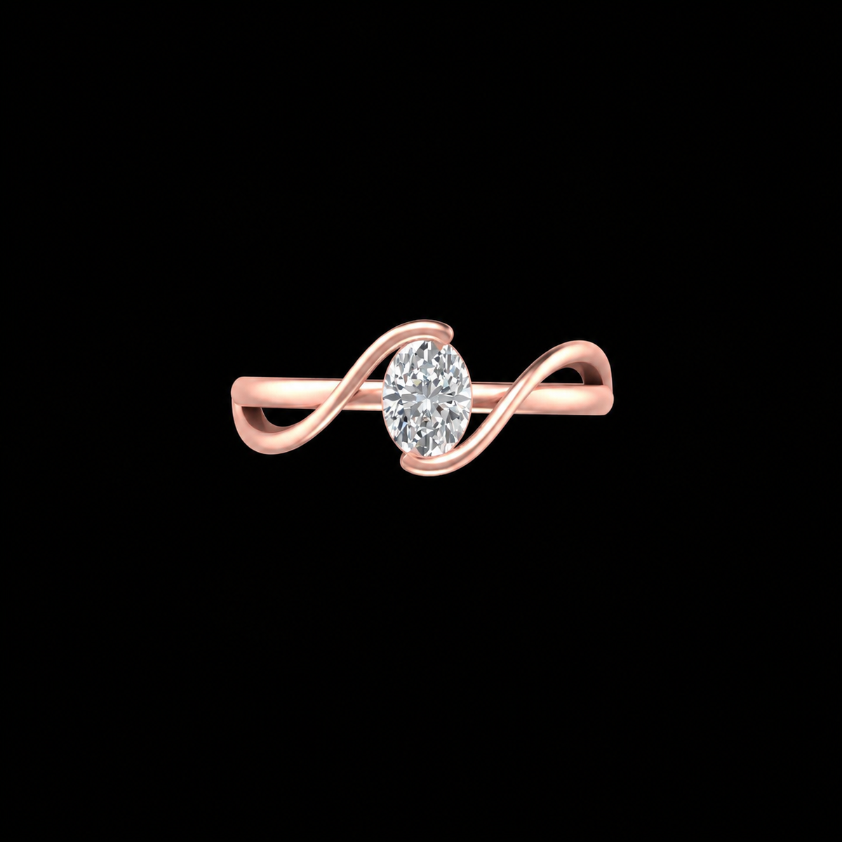Rose gold ring with a diamond on a black background