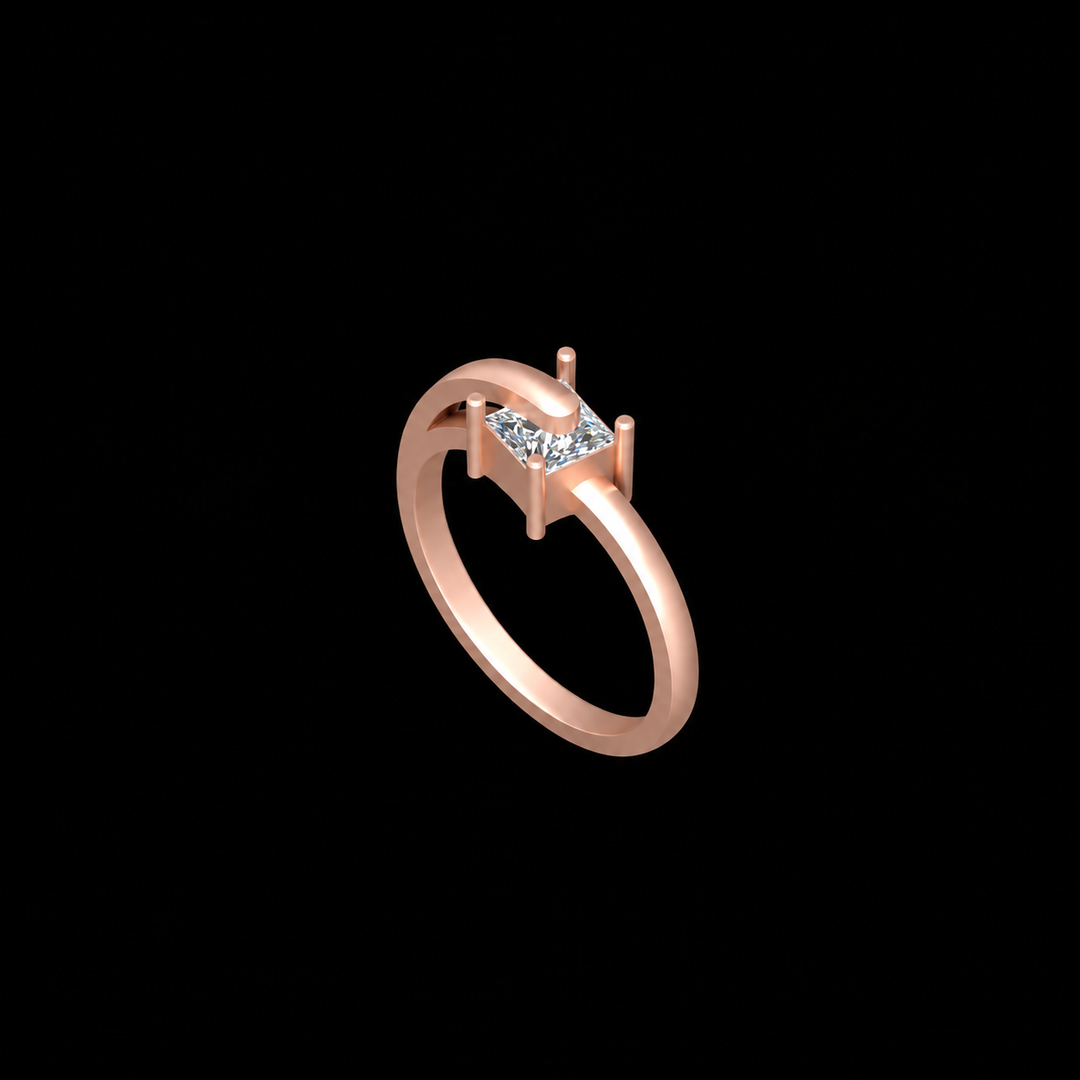Rose gold ring with a diamond on a black background