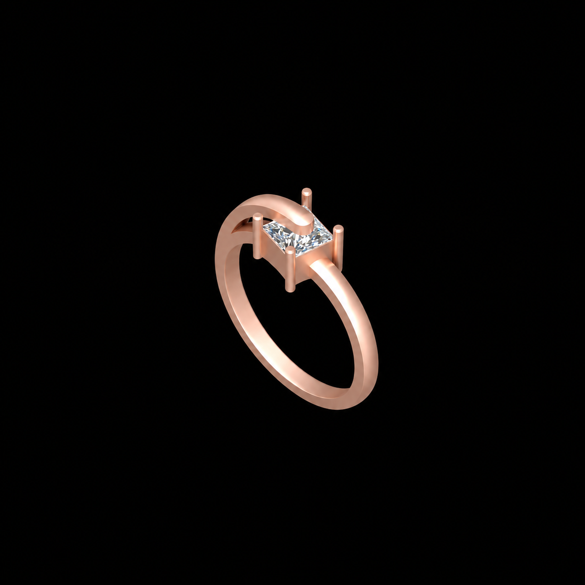 Rose gold ring with a diamond on a black background