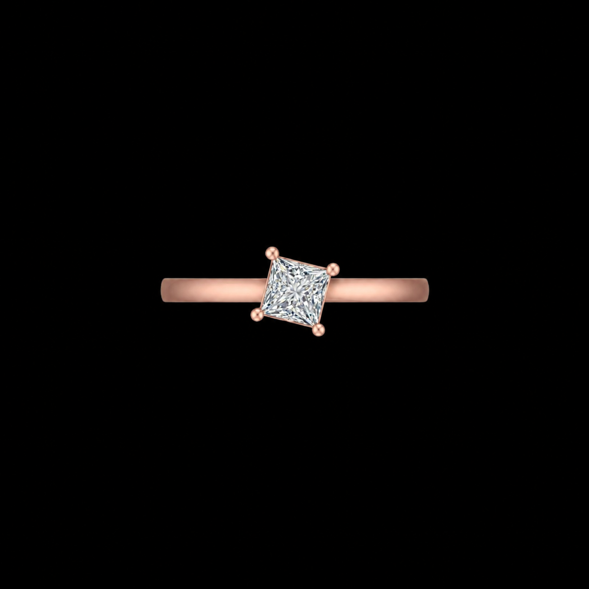 Rose gold ring with a diamond on a black background